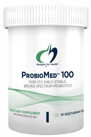 A bottle of ProbioMed 100 dietary supplement.