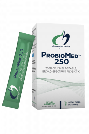 A box and packet of ProbioMed 250 dietary supplement.