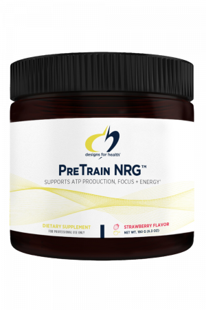 A bottle of PreTrain NRG dietary supplement.