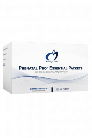 A box of Prenatal Pro Essential Packets dietary supplement.