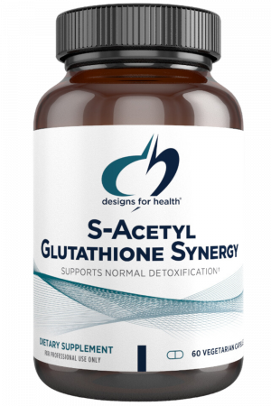 A bottle of S-Acetyl Gluthathione Synergy dietary supplement.