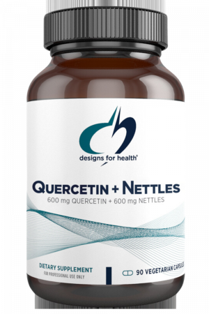 A bottle of Quercetin + Nettles dietary supplement.