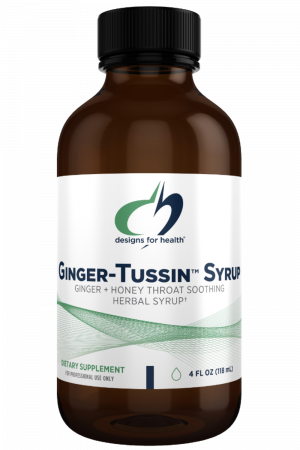 A bottle of Ginger-Tussin Syrup dietary supplement.