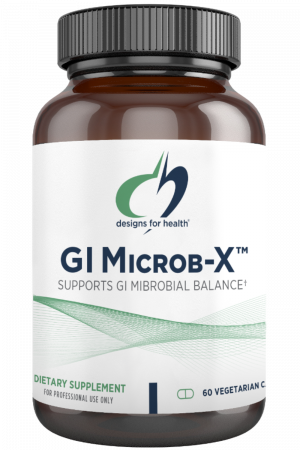 A bottle of GI Microb-X dietary supplement.