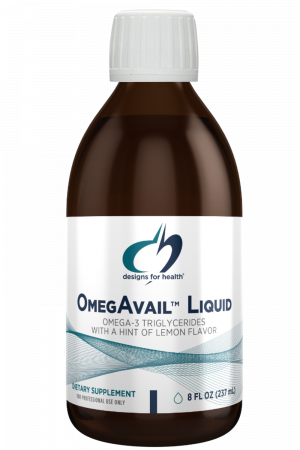 A bottle of OmegAvail Liquid dietary supplement.