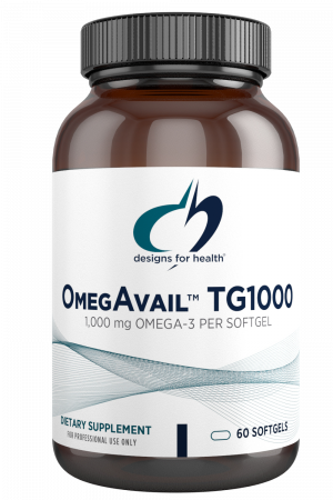 A bottle of OmegAcail TG1000 dietary supplement.