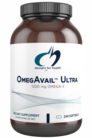 A bottle of OmegAvail Ultra dietary supplement.