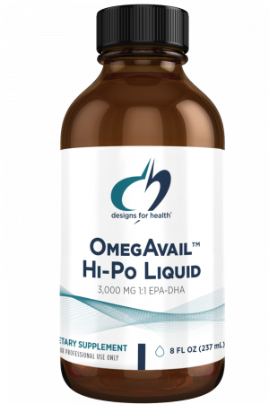 A bottle of OmegAvail Hi-Po Liquid dietary supplement.