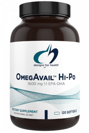 A bottle of OmegAvail Hi-Po dietary supplement.