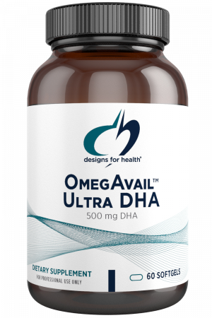 A bottle of OmegAvail Ultra DHA dietary supplement.