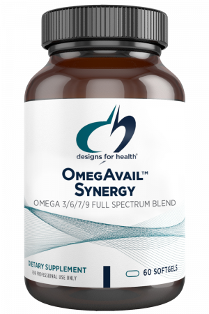 A bottle of OmegAvail Synergy dietary supplement.