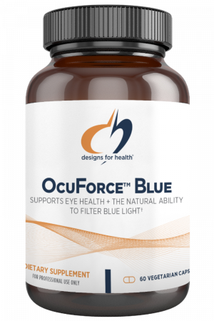 A bottle of OcuForce Blue dietary supplement.