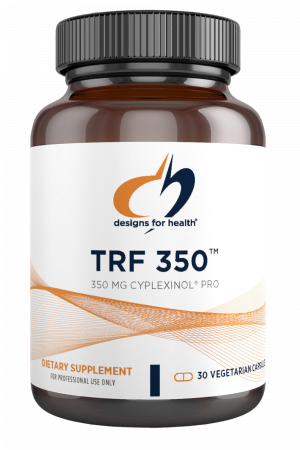 A bottle of TRF 350 dietary supplement.