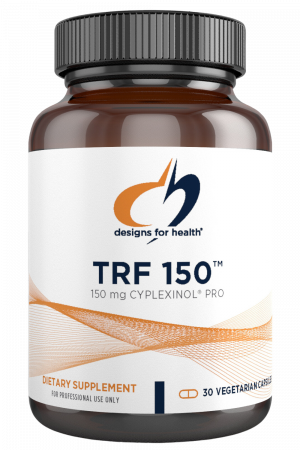 A bottle of TRF 150 dietary supplement.