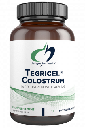 A bottle of Tegricel Colostrum dietary supplement.