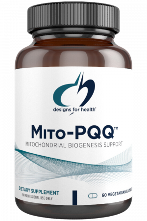 A bottle of Mito-PQQ dietary supplement.