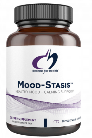 A bottle of Mood-Stasis dietary supplement.