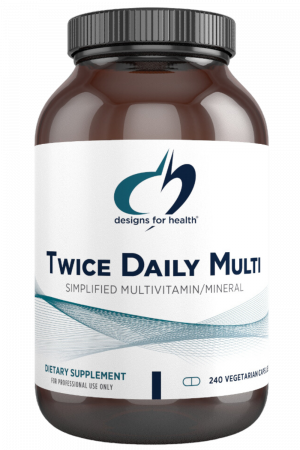 A bottle of Twice Daily Multi dietary supplement.
