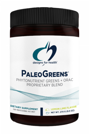 A bottle of PaleoGreens dietary supplement.