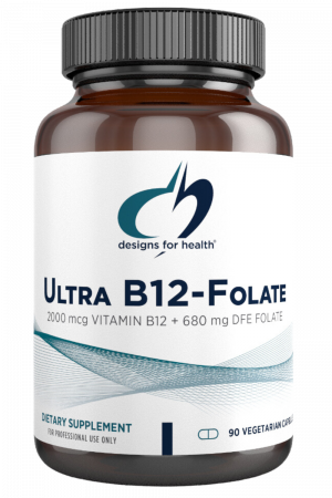 A bottle of Ultra B12-Folate dietary supplement.