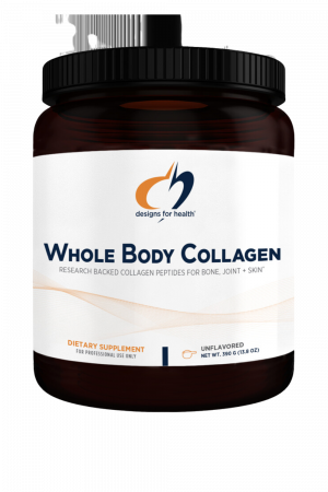 A bottle of Whole Body Collagen dietary supplement.