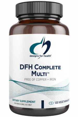 A bottle of DFH Complete Multi free of Copper and Iron dietary supplement.