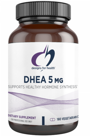 A bottle of DHEA 5MG dietary supplement.