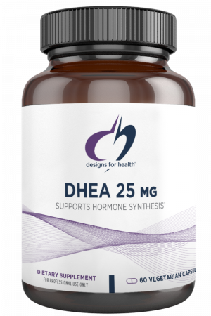 A bottle of DHEA 25MG dietary supplement.