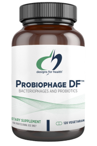A bottle of Probiophage DF dietary supplement.